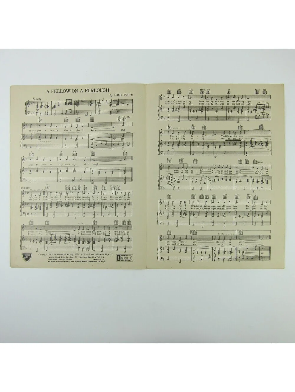 Sheet Music A Fellow On A Furlough Bobby Worth Bob Crosby Cover Vintage 1943